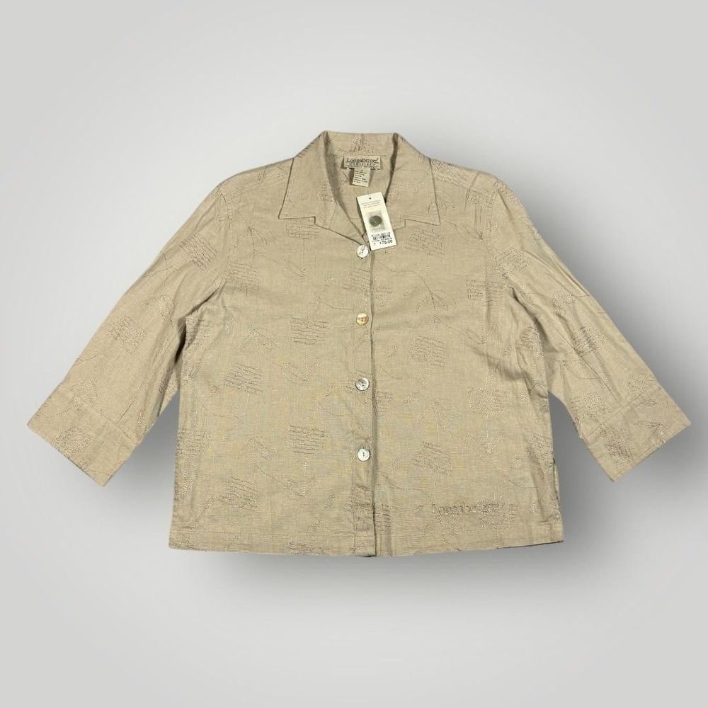 Longaberger Homestead Long Sleeve‎ Women Md Beige Linen Blend Floral Embroidered